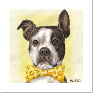 A Painting of a Boston Terrier with a Bow Tie with Smiley Pattern, Yellow Background Posters and Art